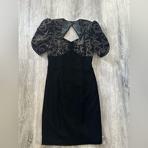 Scott McClintock Black Velvet Midi Dress with Embellished Puff Sleeves